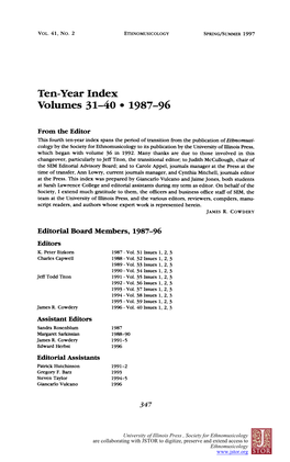 Ten-Year Index: Volumes 31-40, 1987-96