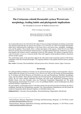 The Cretaceous Coleoid Dorateuthis Syriaca WOODWARD: Morphology, Feeding Habits and Phylogenetic Implications by Alexander LUKENEDER1 & Mathias HARZHAUSER2