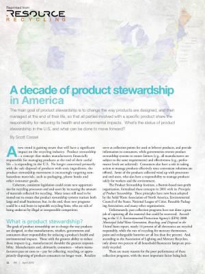 A Decade of Product Stewardship in America. Resource Recycling. 2010
