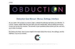 Obduction User Manual - Menus, Settings, Interface