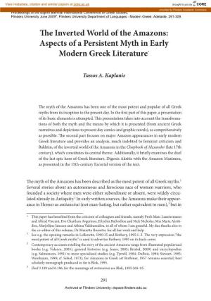 The Inverted World of the Amazons: Aspects of a Persistent Myth in Early Modern Greek Literature*