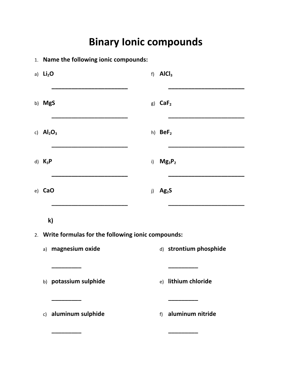 2. Write Formulas for the Following Ionic Compounds