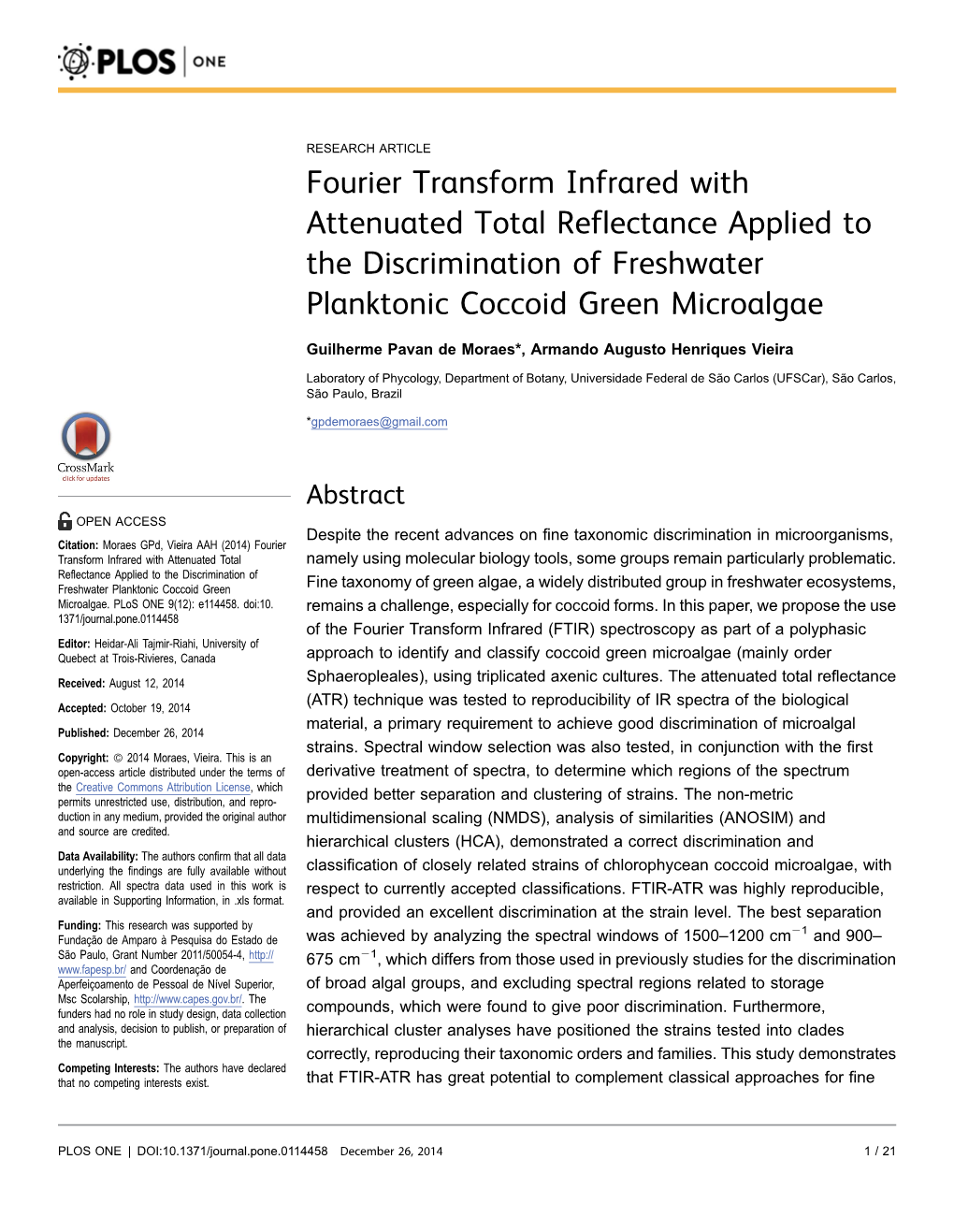 Fourier Transform Infrared with Attenuated Total Reflectance Applied to the Discrimination of Freshwater Planktonic Coccoid Green Microalgae