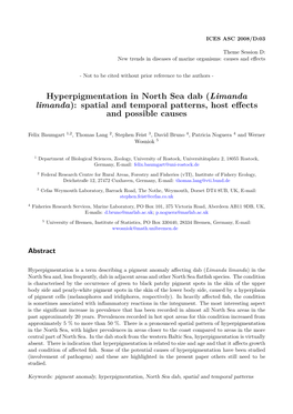 Hyperpigmentation in North Sea Dab (Limandalimanda): Spatial and Temporal Patterns, Host Effectsand Possible Causes. ICES CM
