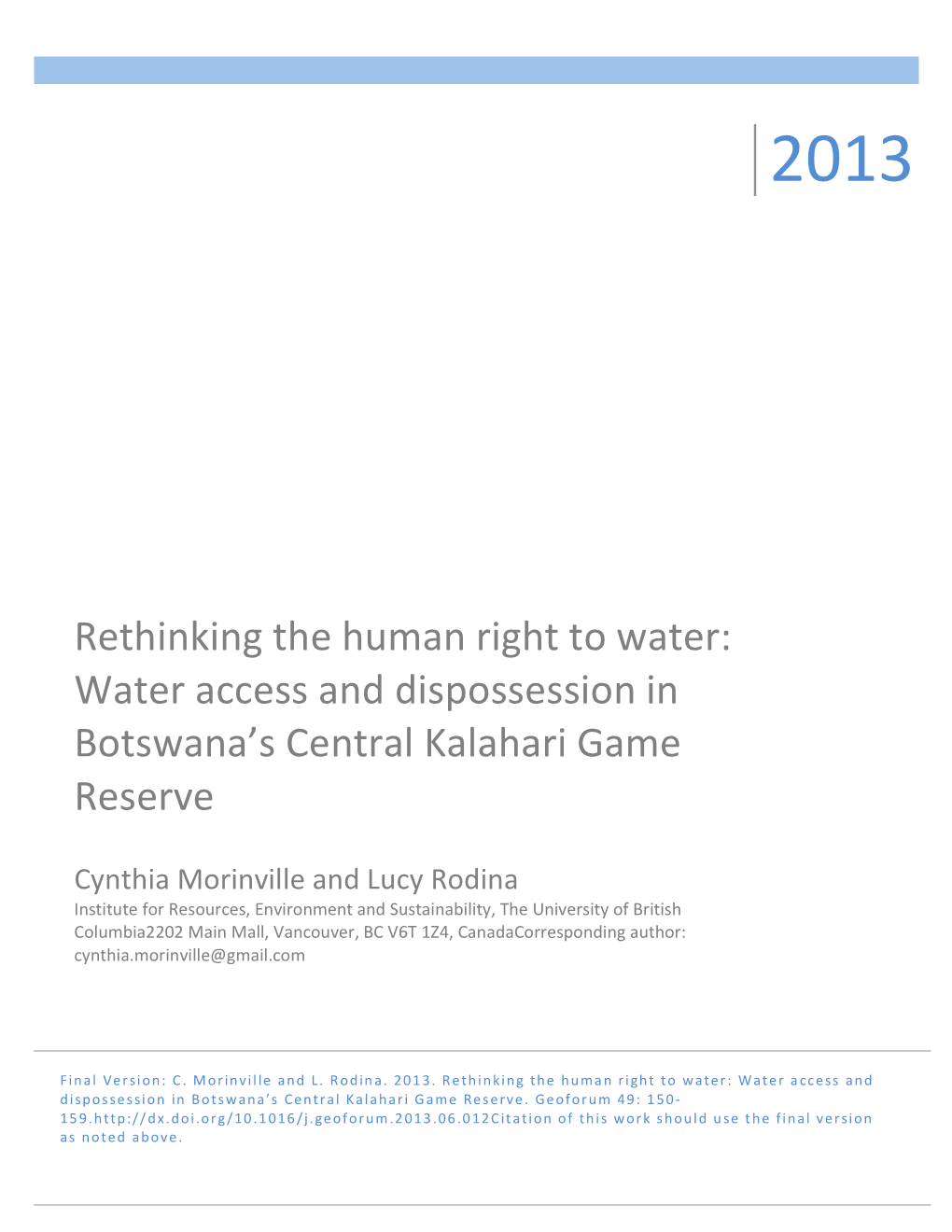 Water Access and Dispossession in Botswana's Central Kalahari Game