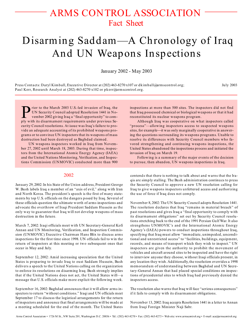 Disarming Saddam—A Chronology of Iraq and UN Weapons Inspections