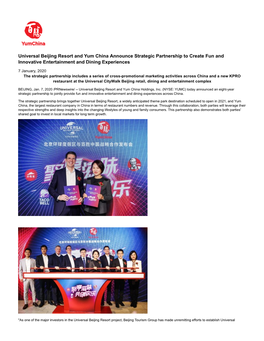 Universal Beijing Resort and Yum China Announce Strategic Partnership to Create Fun and Innovative Entertainment and Dining Experiences