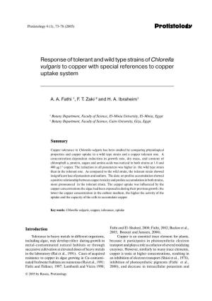 Response of Tolerant and Wild Type Strains of Chlorella Vulgaris to Copper with Special References to Copper Uptake System