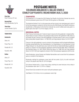 Postgame Notes Colorado Avalanche 4, Dallas Stars 0 Stanley Cup Playoffs | Round Robin | Aug