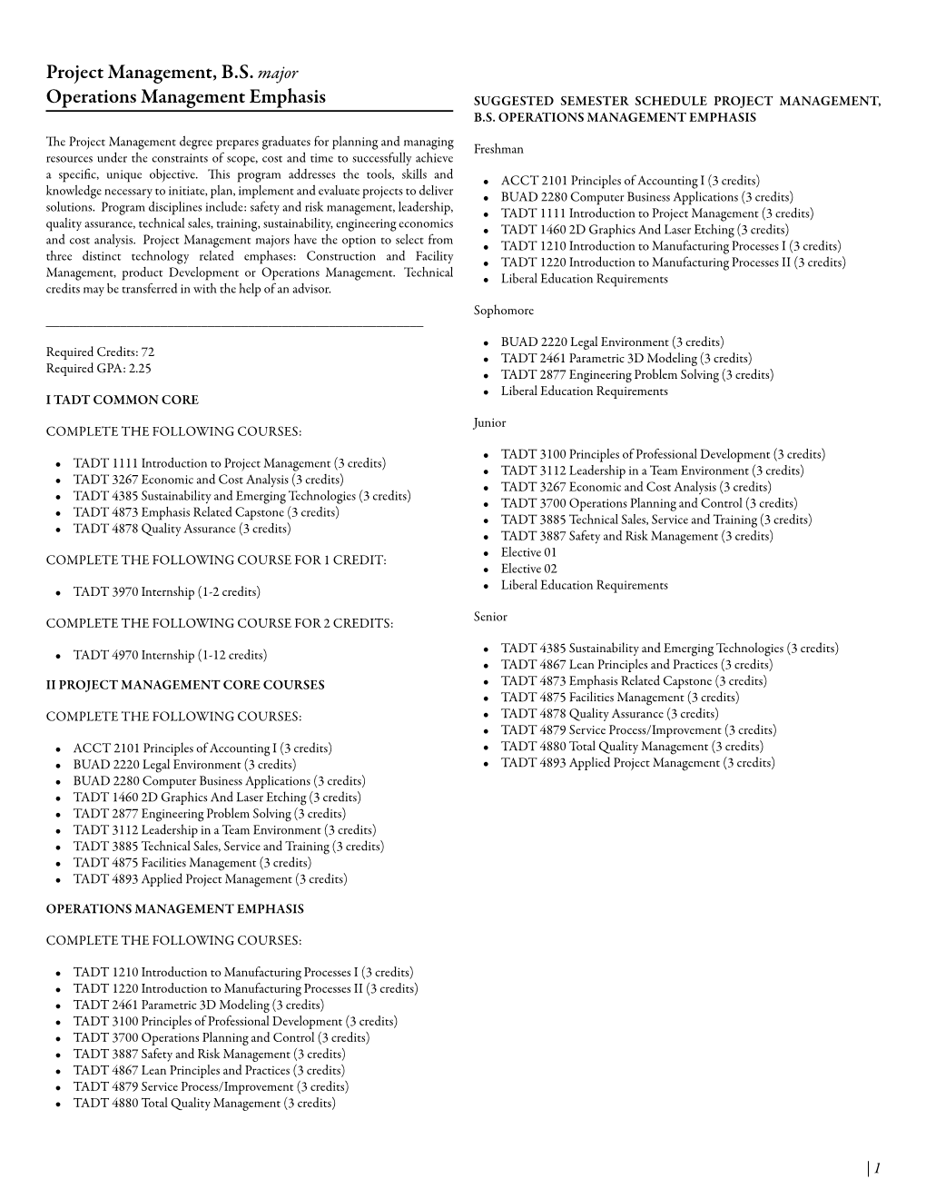 Project Management, B.S. Major Operations Management Emphasis SUGGESTED SEMESTER SCHEDULE PROJECT MANAGEMENT, B.S