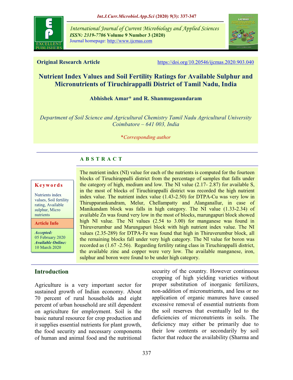 Nutrient Index Values and Soil Fertility Ratings for Available Sulphur and Micronutrients of Tiruchirappalli District of Tamil Nadu, India