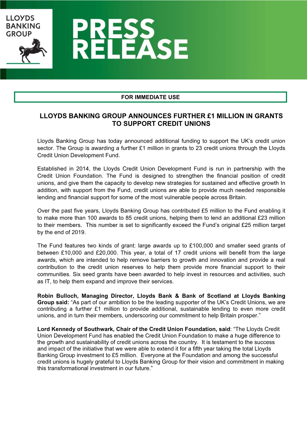 Lloyds Banking Group Announces Further £1 Million in Grants to Support Credit Unions