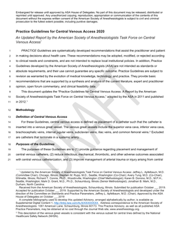 Practice Guidelines for Central Venous Access 2020 an Updated Report by the American Society of Anesthesiologists Task Force on Central Venous Access*
