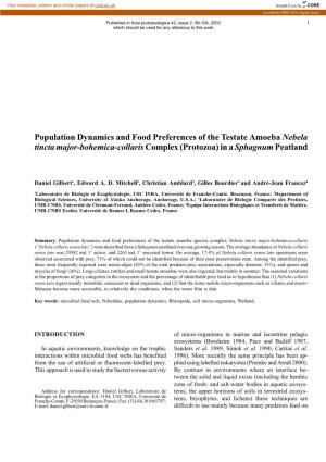 Population Dynamics and Food Preferences of the Testate Amoeba Nebela Tincta Major-Bohemica-Collaris Complex (Protozoa) in a Sphagnum Peatland