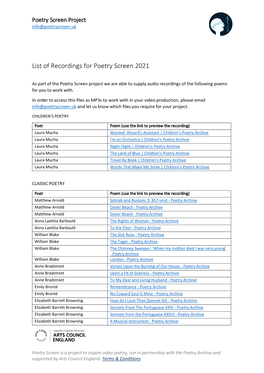 List of Recordings for Poetry Screen 2021