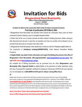 Invitation for Bids Bhagawatimai Rural Municipality Office of Rural Municipal Executive Pagnath-1, Dailekh Karnali Province, Nepal