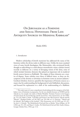 On Jerusalem As a Feminine and Sexual Hypostasis: from Late Antiquity Sources to Medieval Kabbalah*