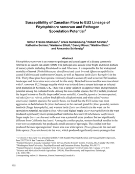 Susceptibility of Canadian Flora to EU2 Lineage of Phytophthora Ramorum and Pathogen Sporulation Potential1