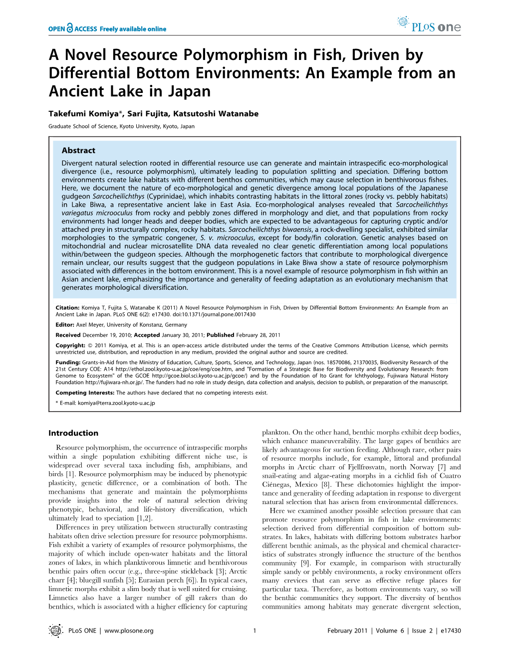 A Novel Resource Polymorphism in Fish, Driven by Differential Bottom Environments: an Example from an Ancient Lake in Japan