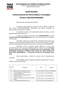 AVISO 01/2019 Credenciamento De Clínica Médica E Psicológica Portaria 792/19/DETRAN/MG