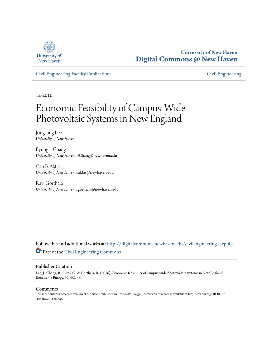 Economic Feasibility of Campus-Wide Photovoltaic Systems in New England Jongsung Lee University of New Haven