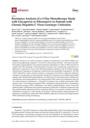 Resistance Analysis of a 3-Day Monotherapy Study with Glecaprevir Or Pibrentasvir in Patients with Chronic Hepatitis C Virus Genotype 1 Infection