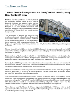 Thomas Cook India Acquires Kuoni Group's Travel in India, Hong Kong for Rs 535 Crore