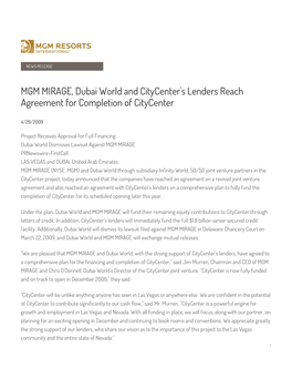 MGM MIRAGE, Dubai World and Citycenter's Lenders Reach Agreement for Completion of Citycenter