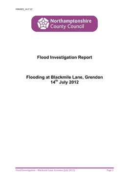 Flood Investigation Report Flooding at Blackmile Lane, Grendon 14 July