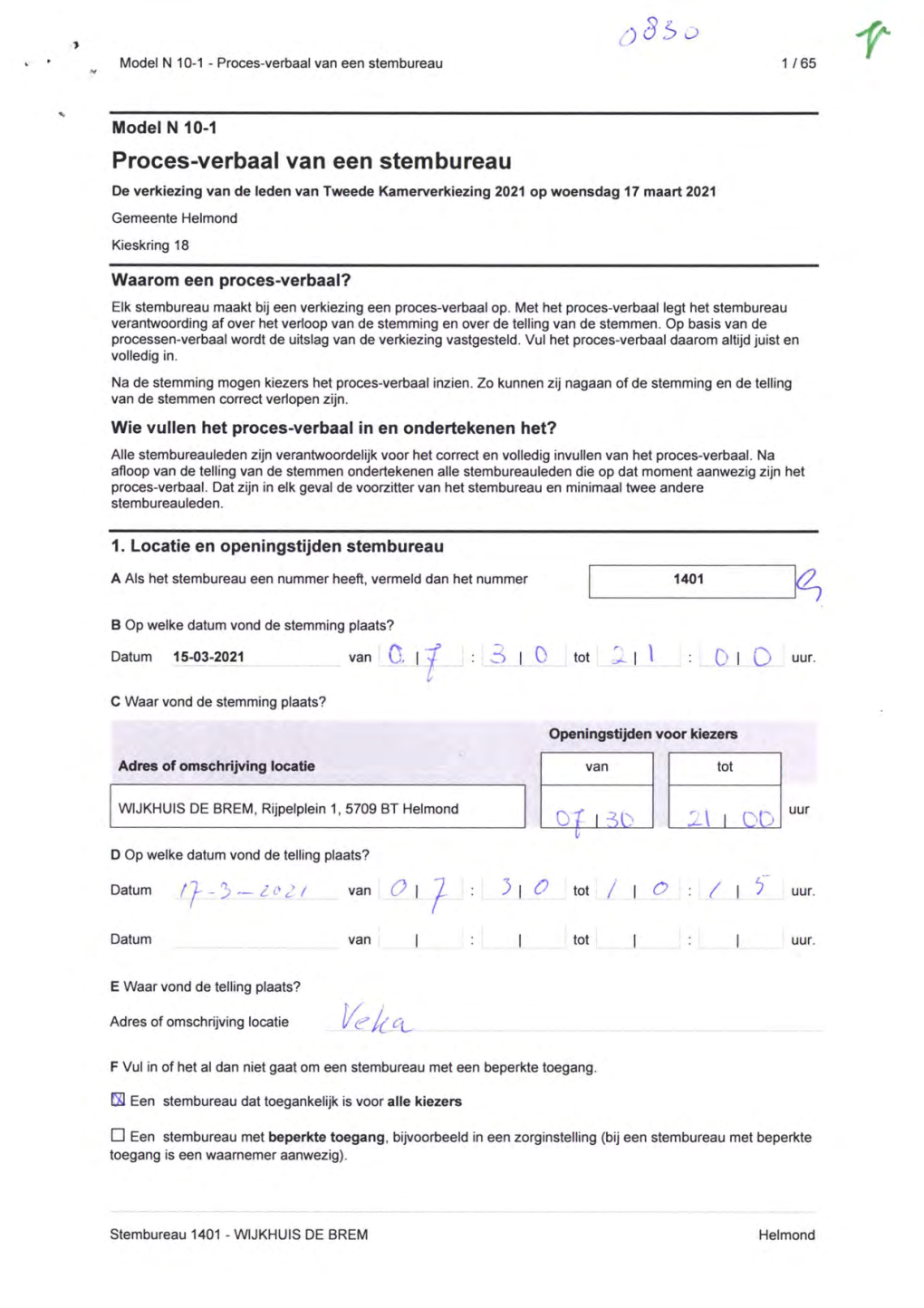 Proces-Verbaal Van Een Stembureau 1 / 65