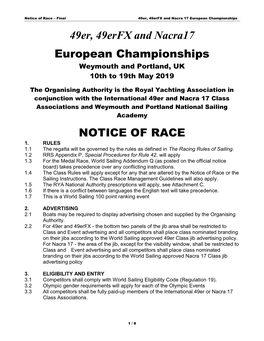 49Er, 49Erfx and Nacra17 European Championships NOTICE of RACE