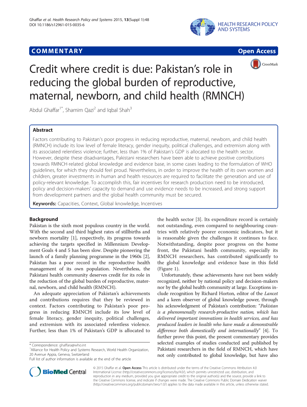 Pakistan's Role in Reducing the Global Burden of Reproductive, Maternal, Newborn, and Child Health