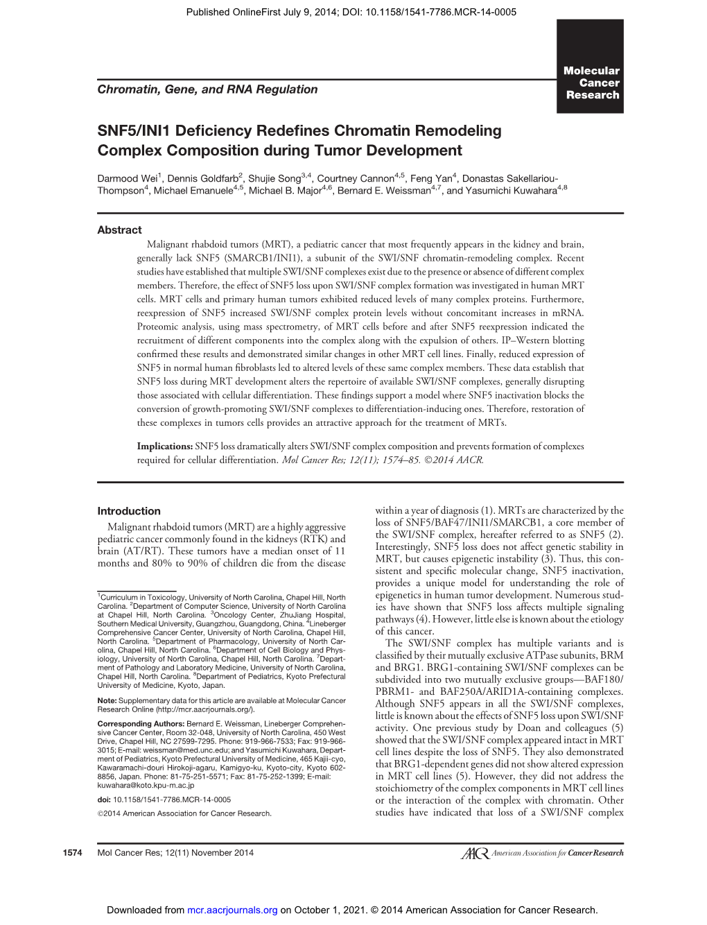 SNF5/INI1 Deficiency Redefines Chromatin Remodeling Complex Composition During Tumor Development