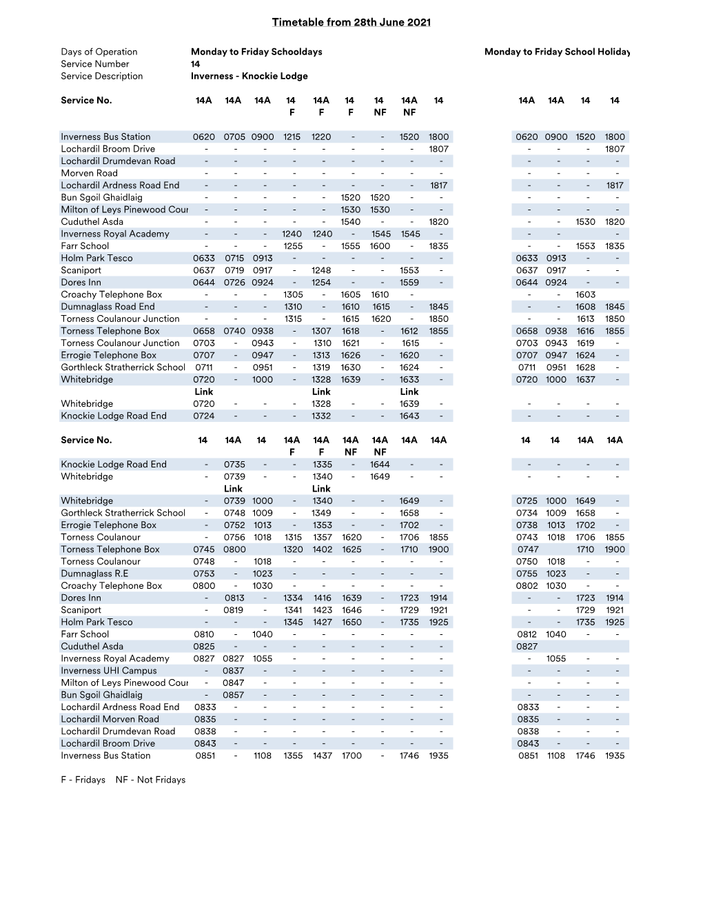 Timetable from 28Th June 2021