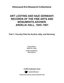 Art Looting and Nazi Germany: Records of the Fine Arts and Monuments Adviser, Ardelia Hall, 1945–1961