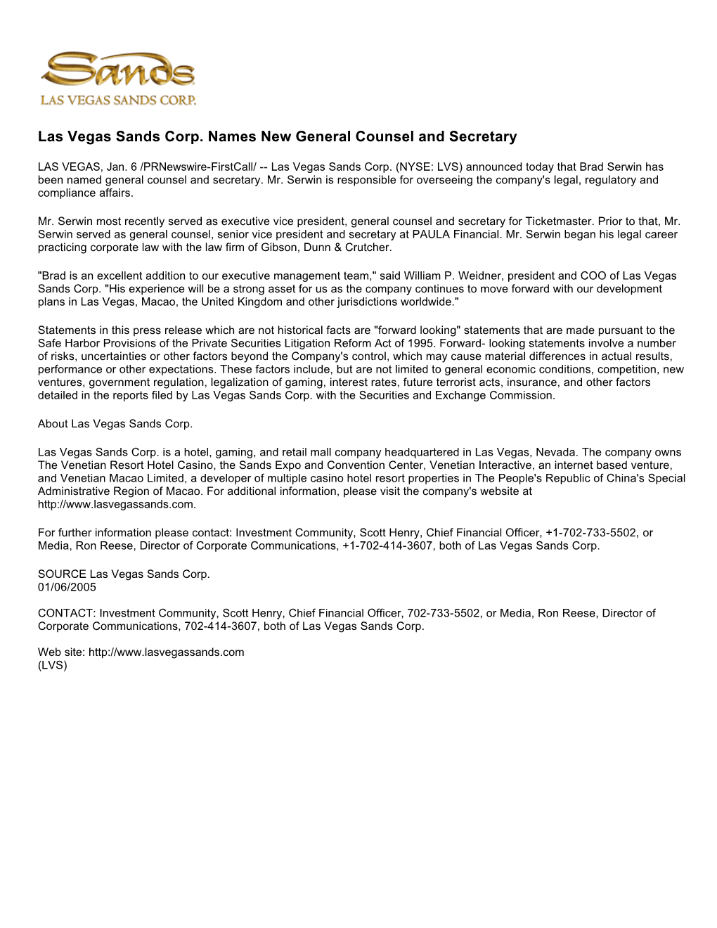 Las Vegas Sands Corp. Names New General Counsel and Secretary