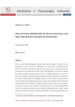 The Cultural Repertoire of Franco Basaglia and the Comparative Critique of Psychiatry