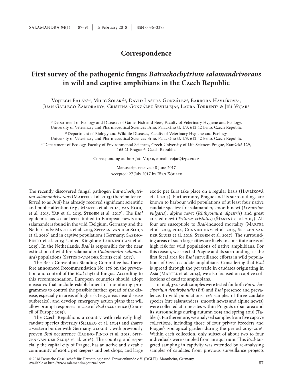 First Survey of the Pathogenic Fungus Batrachochytrium Salamandrivorans in Wild and Captive Amphibians in the Czech Republic