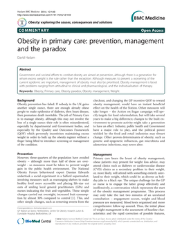 Obesity in Primary Care: Prevention, Management and the Paradox David Haslam
