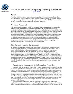 End-User Computing Security Guidelines Previous Screen Ron Hale Payoff Providing Effective Security in an End-User Computing Environment Is a Challenge