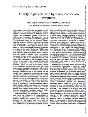 Anxiety in Patients Withhysterical Conversion