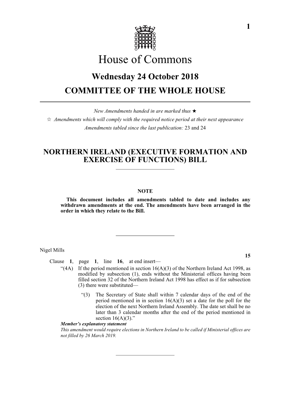 Northern Ireland (Executive Formation and Exercise of Functions) Bill