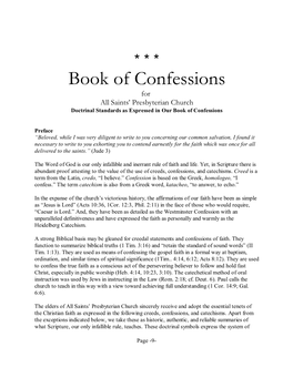 Book of Confessions for All Saints’ Presbyterian Church Doctrinal Standards As Expressed in Our Book of Confessions