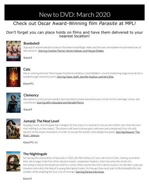 March 2020 Check out Oscar Award-Winning Film Parasite at MPL!