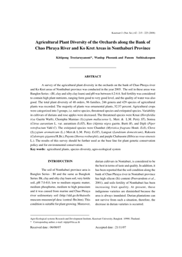 Agricultural Plant Diversity of the Orchards Along the Bank of Chao Phraya River and Ko Kret Areas in Nonthaburi Province