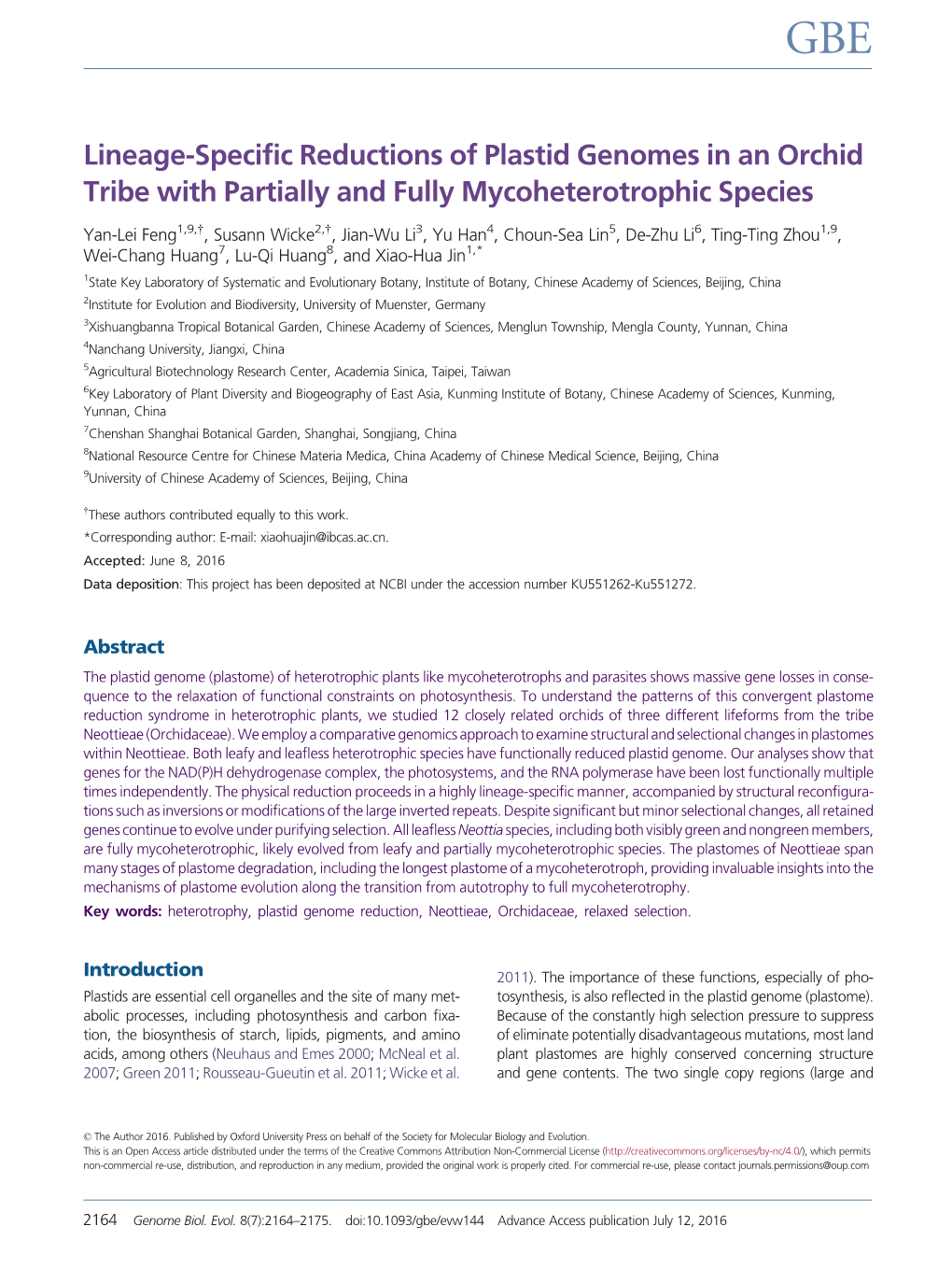 Lineage-Specific Reductions of Plastid Genomes in an Orchid Tribe with Partially and Fully Mycoheterotrophic Species