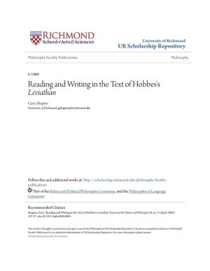 Reading and Writing in the Text of Hobbes's Leviathan Gary Shapiro University of Richmond, Gshapiro@Richmond.Edu