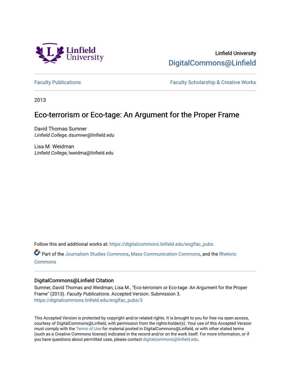 Eco-Terrorism Or Eco-Tage: an Argument for the Proper Frame