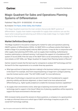 Gartner Magic Quadrant for Sales and Operations Planning Systems Of