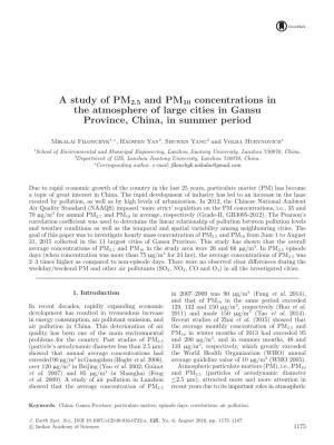 A Study of PM2.5 and PM10 Concentrations in the Atmosphere of Large Cities in Gansu Province, China, in Summer Period